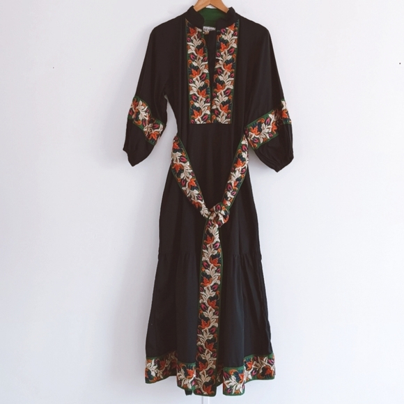 Sue Sartor Dresses & Skirts - [ Sue Sartor Modest Minimalist Navy Blue Cotton Silk Floral Embroidered Dress ]